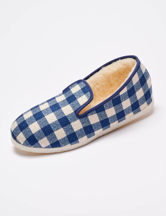 Charentaises silencieuses carreaux fourrées laine (bleu marine)