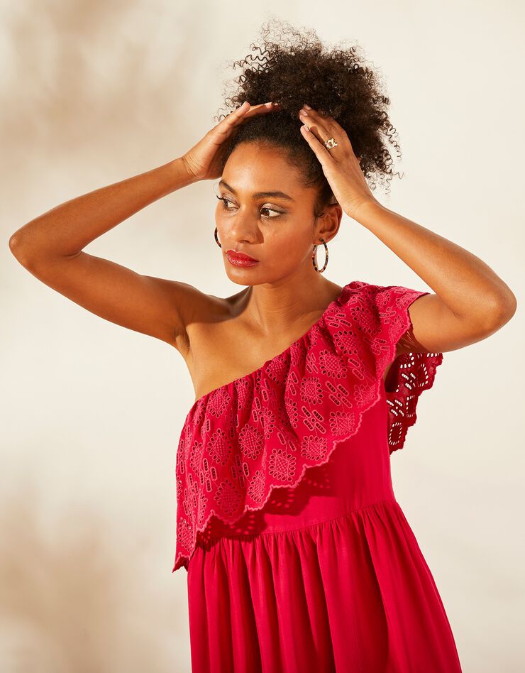 Robe longue one shoulder avec volant broderie anglaise (framboise)
