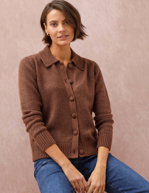 Gilet col polo uni, maille moelleuse (chocolat)