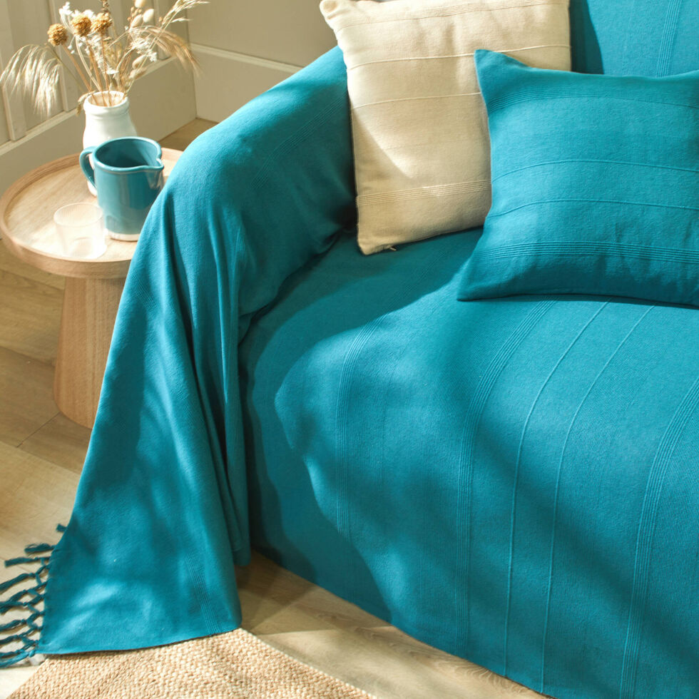 plaid-ou-jet-uni-coton-tissage-artisanal-bleu-canard-blancheporte