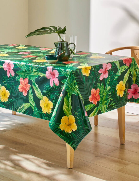 Nappe toile cir&eacute;e imprim&eacute; hibiscus (vert / multicolore)