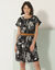 Robe courte boutonnée imprimé végétal, fluide (noir / écru)