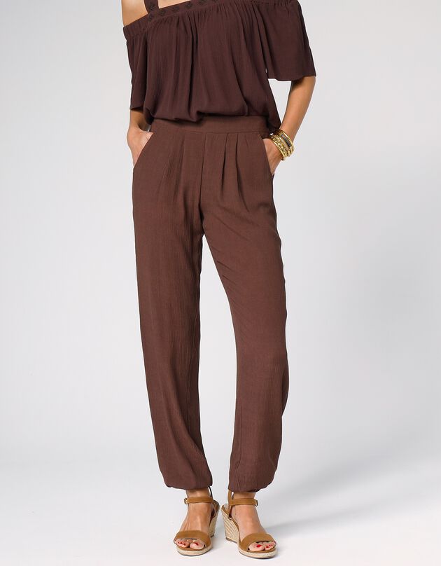 Pantalon droit crépon uni (chocolat)
