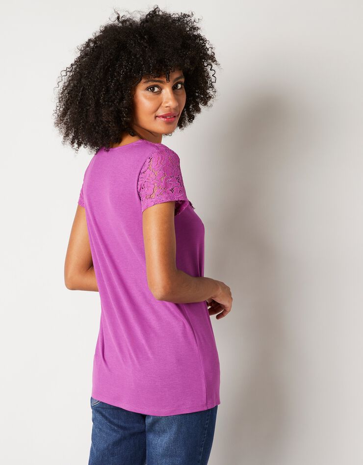 T-shirt dentelle col rond manches courtes (violine)