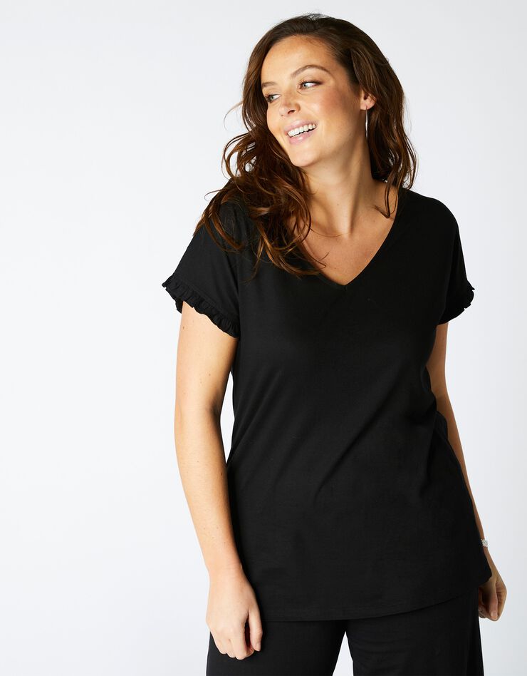 Tee-shirt volanté col V, jersey (noir) Tee-shirt volanté col V, jersey (noir)