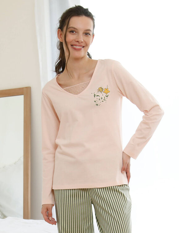 T-shirt pyjama manches longues motif floral imprim&eacute;  (rose)