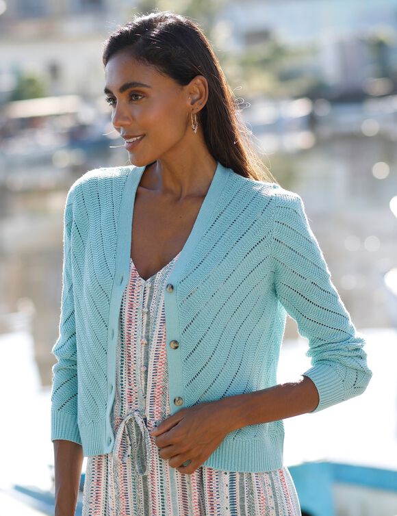 Cardigan boutonné, maille fantaisie ajourée (céladon)