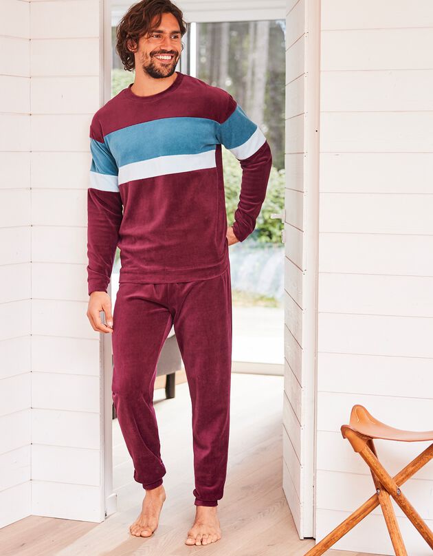 Pyjama tricolore velours manches longues (bordeaux)