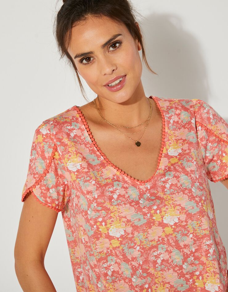 Tee-shirt imprimé coupe loose effet lin (corail / rose) Tee-shirt imprimé coupe loose effet lin (corail / rose)
