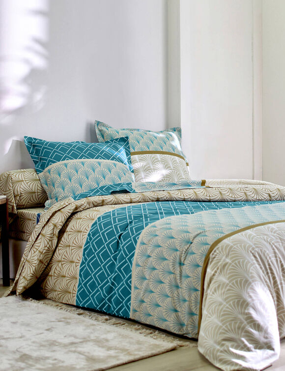 Linge de lit Eddy en coton à motifs graphiques (bleu paon)