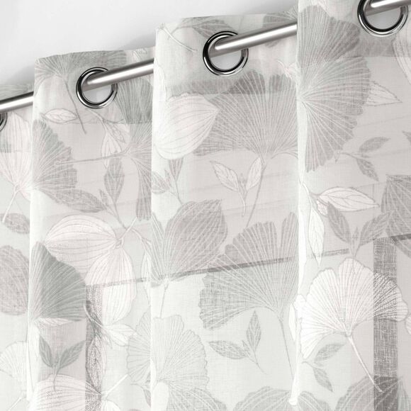 Voilage imprim&eacute; ginkgo -  finition oeillets (blanc / gris)