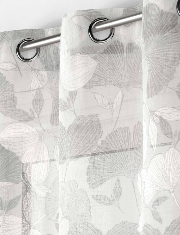 Voilage imprimé ginkgo -  finition oeillets (blanc / gris)
