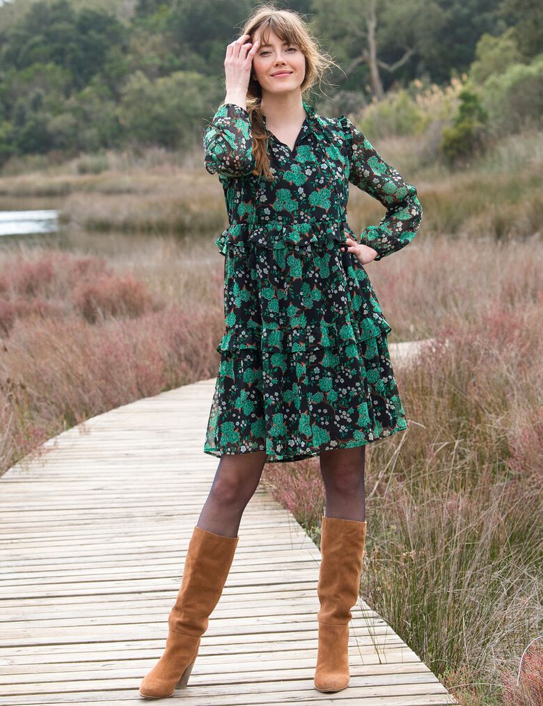 Robe volant?�e imprim?�e, noir / vert | Blancheporte