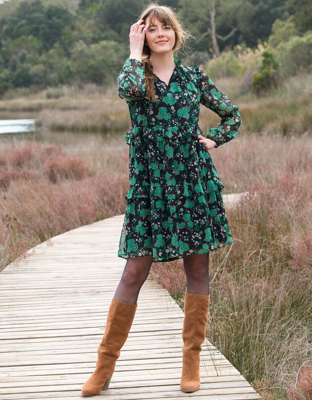Robe volantée imprimée (noir / vert)