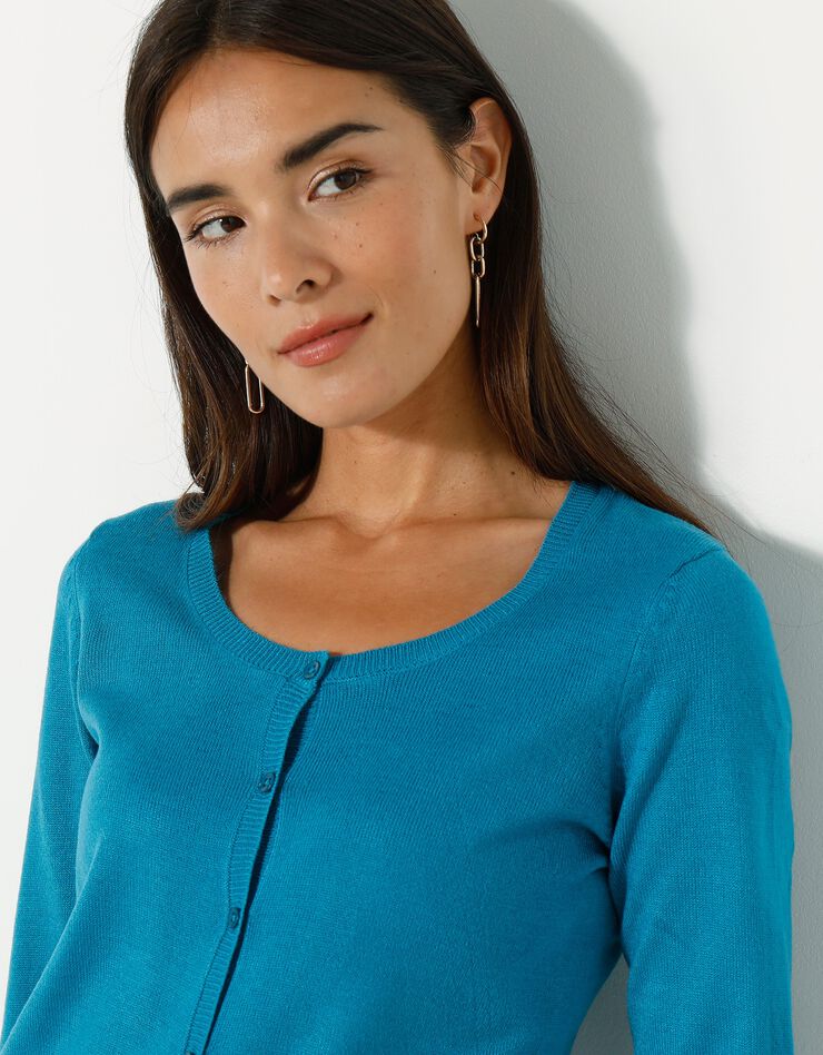 Cardigan boutonné col rond uni toucher cachemire (bleu prusse)