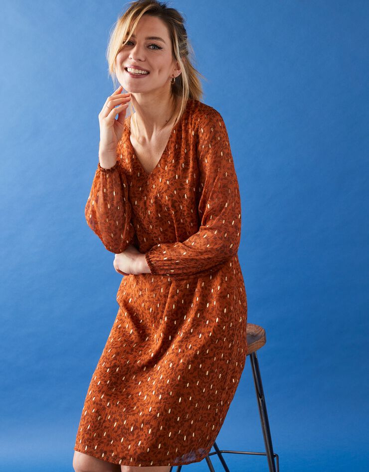 Robe évasée voile imprimé doré (caramel)