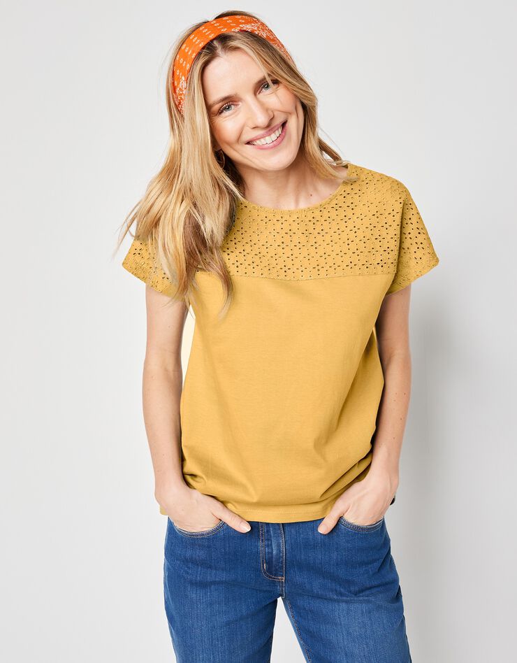 Tee-shirt broderie anglaise manches courtes (safran)