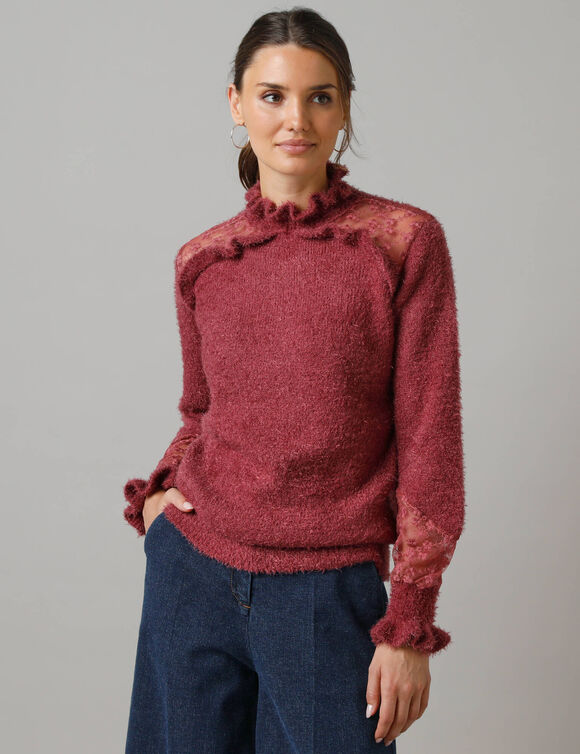 Pull col montant volanté, maille poilue et tulle brodé (figue)