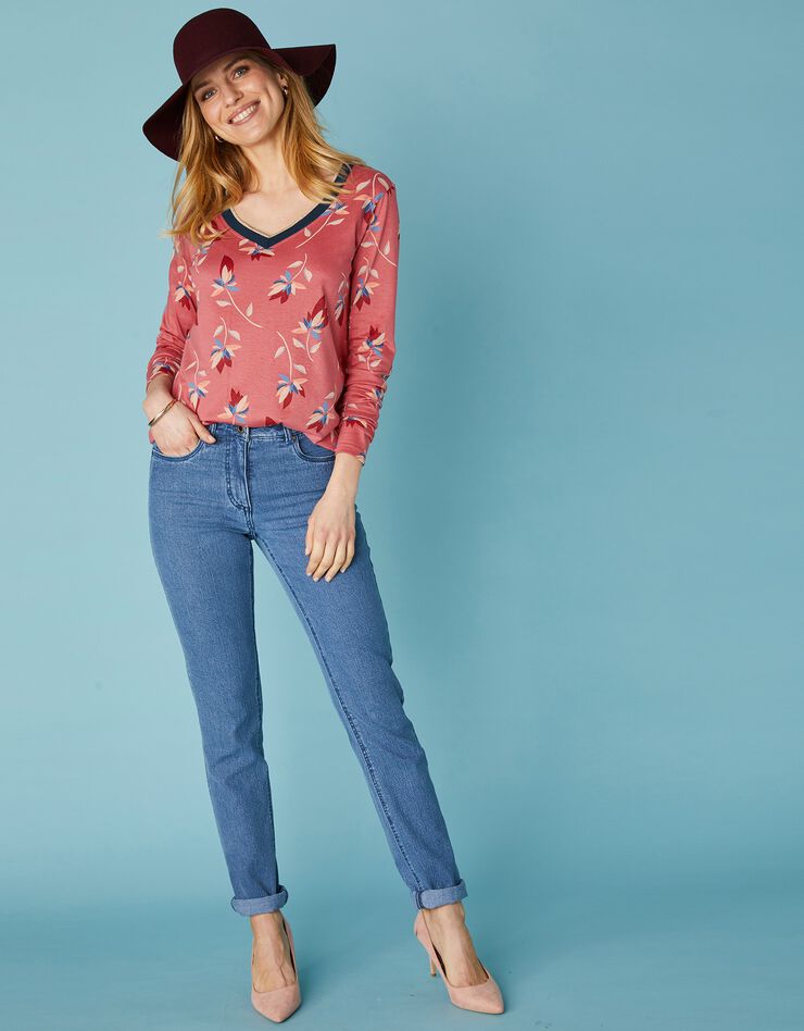 Tee-shirt col V biais doré imprimé fleurs (terracotta / beige) Tee-shirt col V biais doré imprimé fleurs (terracotta / beige)