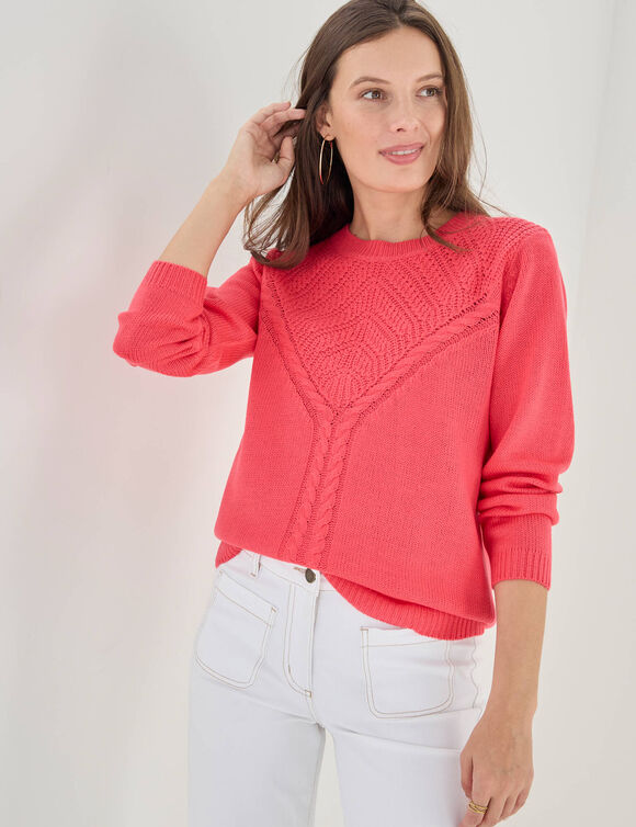 Pull col rond, maille fantaisie (rose)