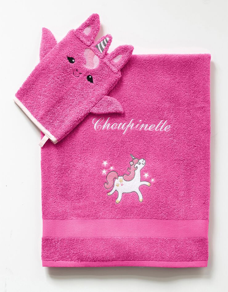 Collection éponge enfant brodée licorne personnalisable coton (fuchsia)