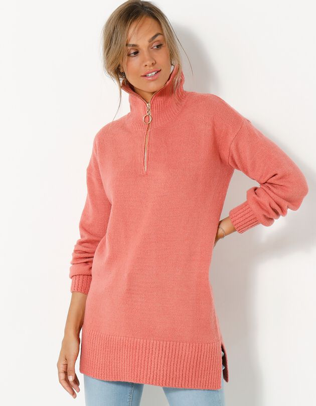Pull tunique col camionneur zippé (bois de rose)