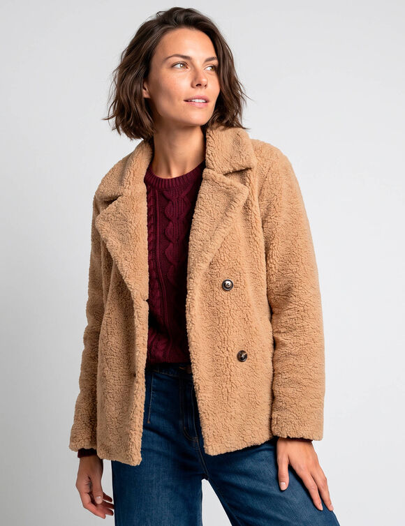 Manteau court maille bouclette col tailleur (beige)