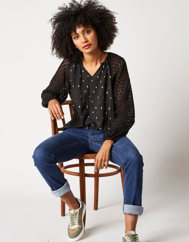 Blouse imprimée manches dentelle (noir / doré) Blouse imprimée manches dentelle (noir / doré)