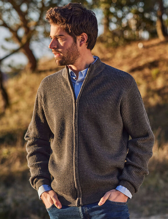 Gilet zippé côte anglaise 30% laine (gris anthracite)