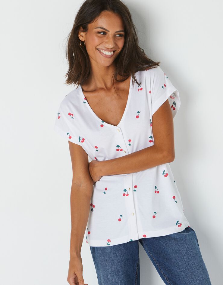 Tee-shirt col V boutonné imprimé cerises, spécial petites (blanc) Tee-shirt col V boutonné imprimé cerises, spécial petites (blanc)