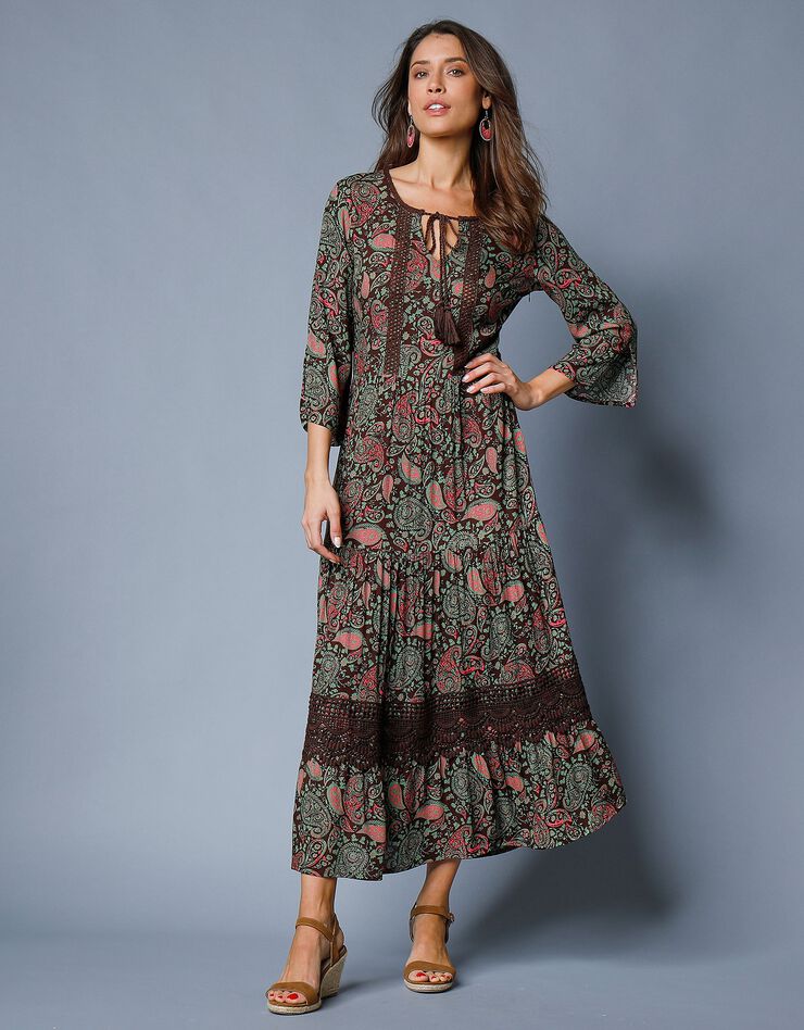 Robe longue imprimée manches 3/4 fendues (chocolat / vert)
