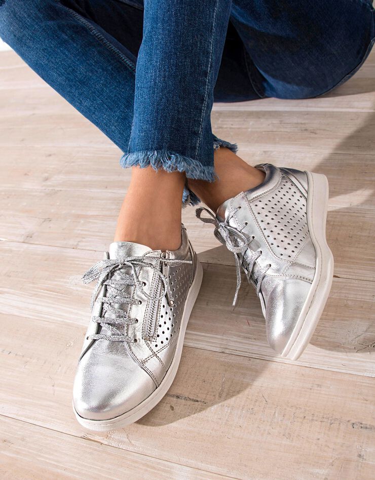 Tennis zippée en cuir perforé (argenté)