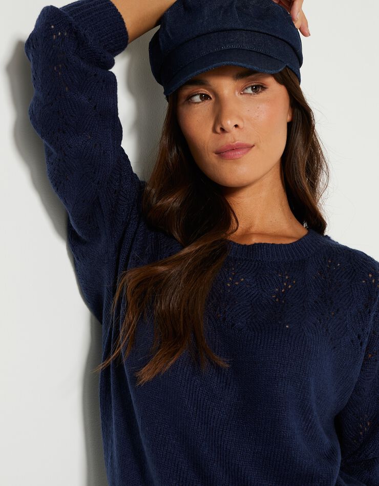 Pull manches longues blousantes, maille ajourée toucher mohair (marine) Pull manches longues blousantes, maille ajourée toucher mohair (marine)