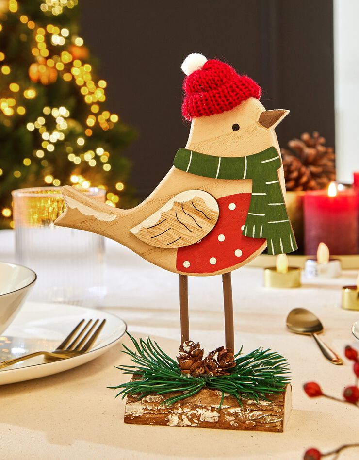 Décoration oiseau de Noël à poser (rouge/beige)