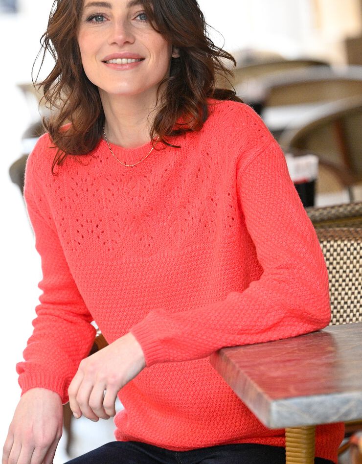 Pull col bateau, maille ajourée toucher mohair (corail) Pull col bateau, maille ajourée toucher mohair (corail)