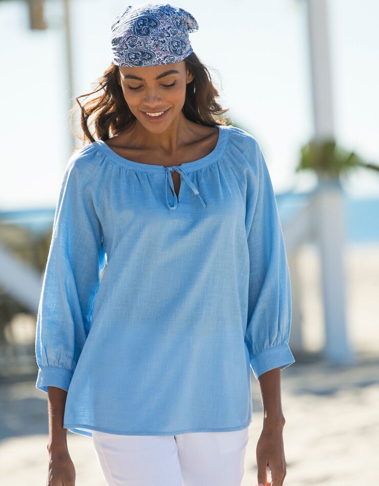 Blouse ample manches 7/8ème blousantes unie (bleu ciel) Blouse ample manches 7/8ème blousantes unie (bleu ciel)