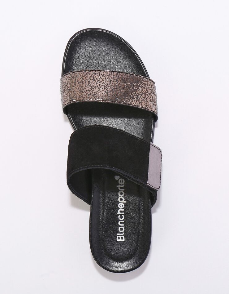 Mules scratchées largeur confort à ouverture totale, cuir irisé (noir) Mules scratchées largeur confort à ouverture totale, cuir irisé (noir)