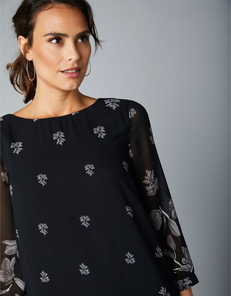 Robe en voile imprimé, manches 3/4 (noir / gris) Robe en voile imprimé, manches 3/4 (noir / gris)
