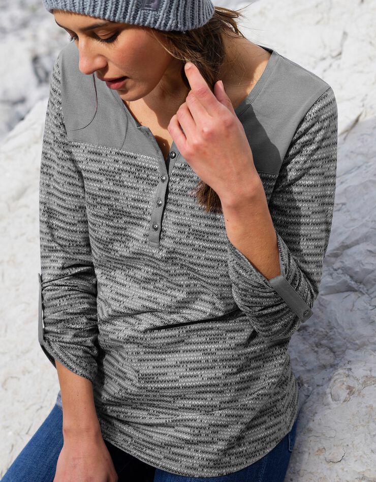 Tee-shirt col tunisien imprimé chiné (gris chiné) Tee-shirt col tunisien imprimé chiné (gris chiné)