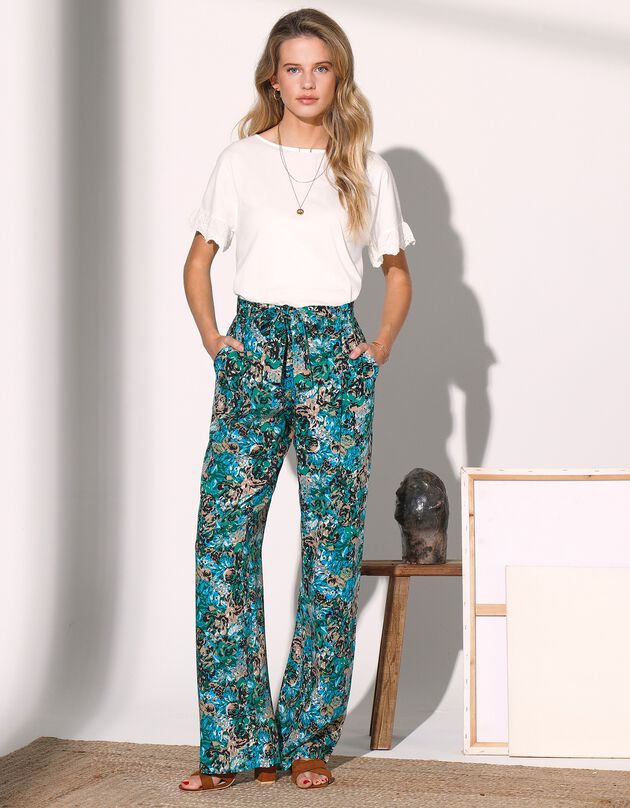 Pantalon large fluide imprimé fleurs (vert / beige)