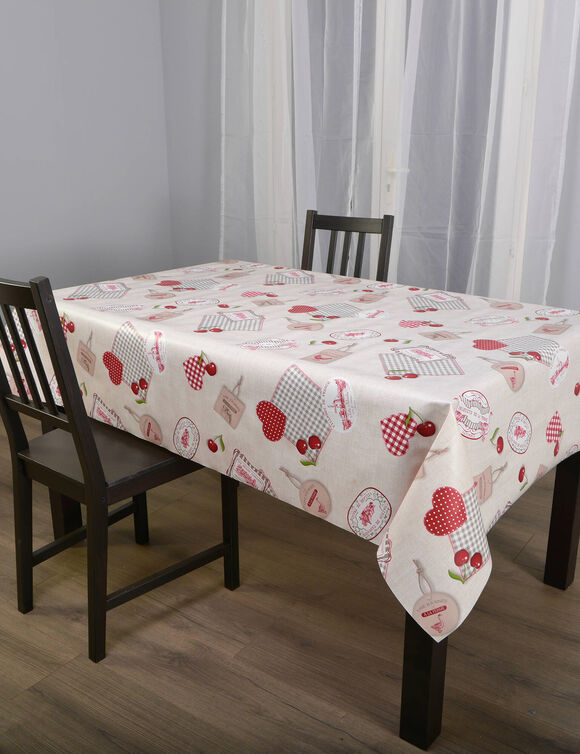 Nappe toile cir&eacute;e imprim&eacute; cerises (&eacute;cru / rouge)