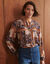 Chemisier col mao, cr&eacute;pon imprim&eacute; patchwork (indigo / vert)