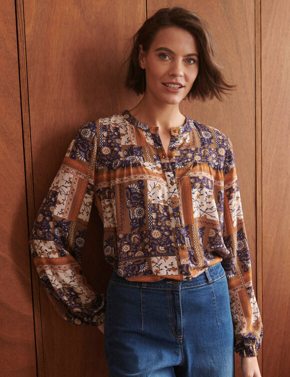 Chemisier col mao, cr&eacute;pon imprim&eacute; patchwork (indigo / vert)
