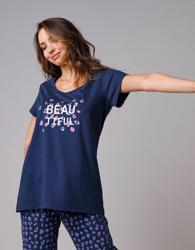 Tee-shirt manches courtes coton uni imprimé placé "Beautiful" (marine) Tee-shirt manches courtes coton uni imprimé placé "Beautiful" (marine)