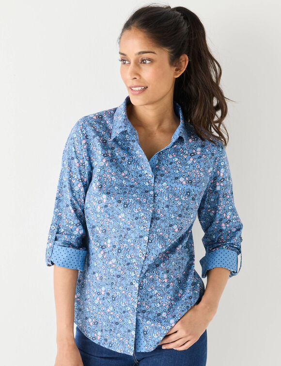 Chemisier boutonné imprimé fleuri (bleu / rose)