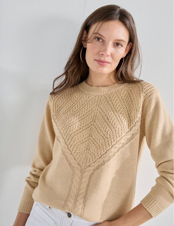 Pull col rond, maille fantaisie (beige)