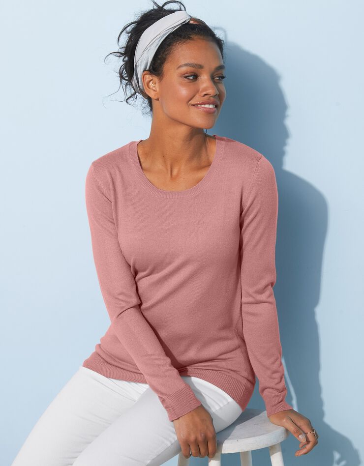 Pull col rond uni toucher cachemire (rose grisé) Pull col rond uni toucher cachemire (rose grisé)
