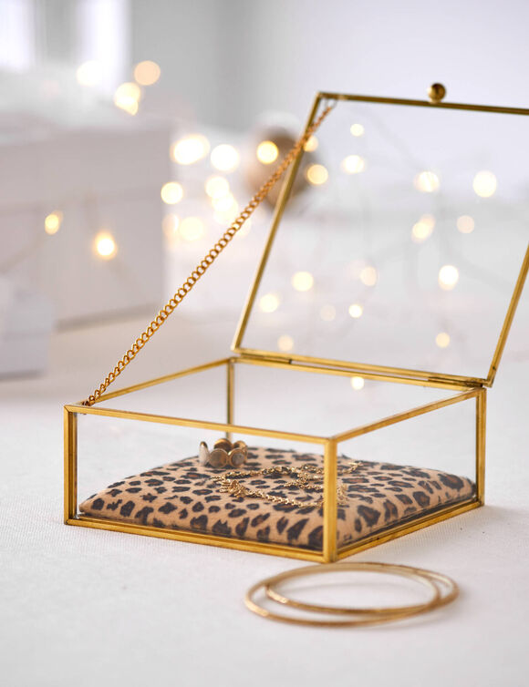 Boîte à bijoux verre et métal, avec coussin léopard (doré)
