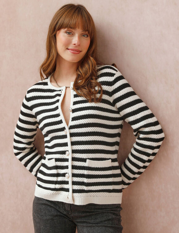 Cardigan rayé maille fantaisie (écru / noir)