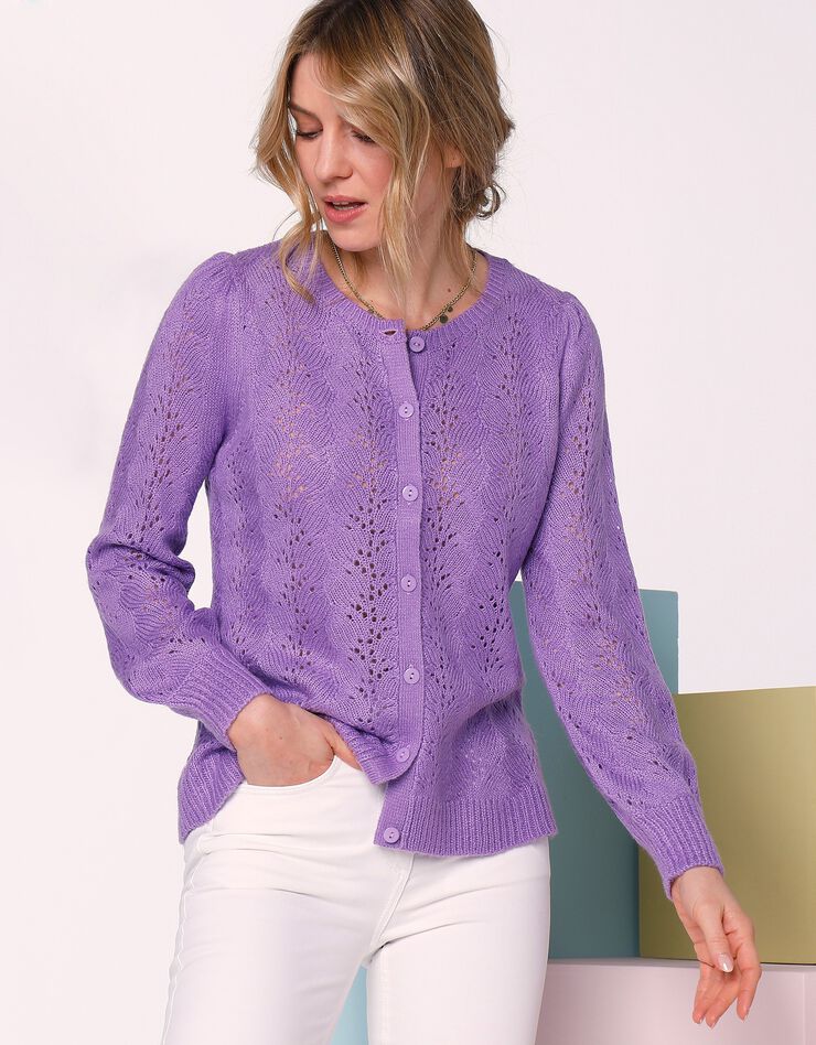 Cardigan boutonné manches blousantes, maille ajourée toucher mohair (parme)